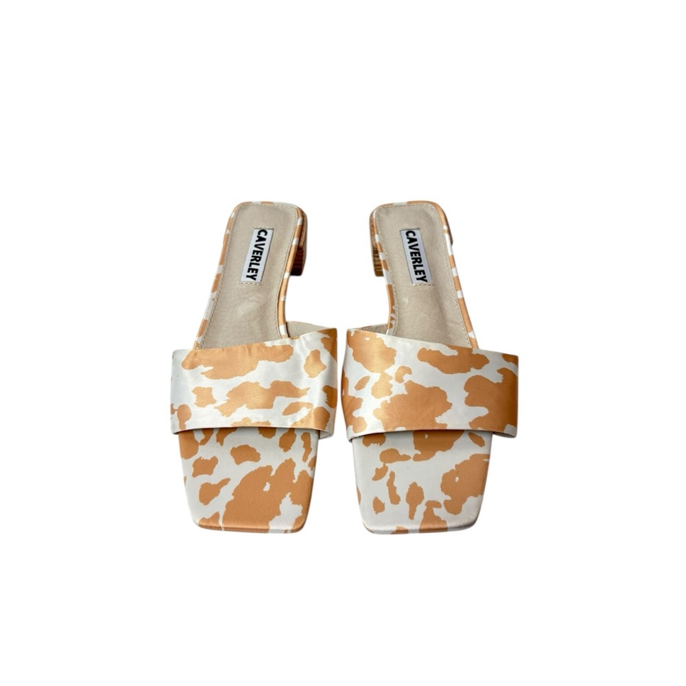 CAVERLEY Murry Heeled Mule Slide Sandal in Taupe Tan Cow Print NWOB Size 39 US 9